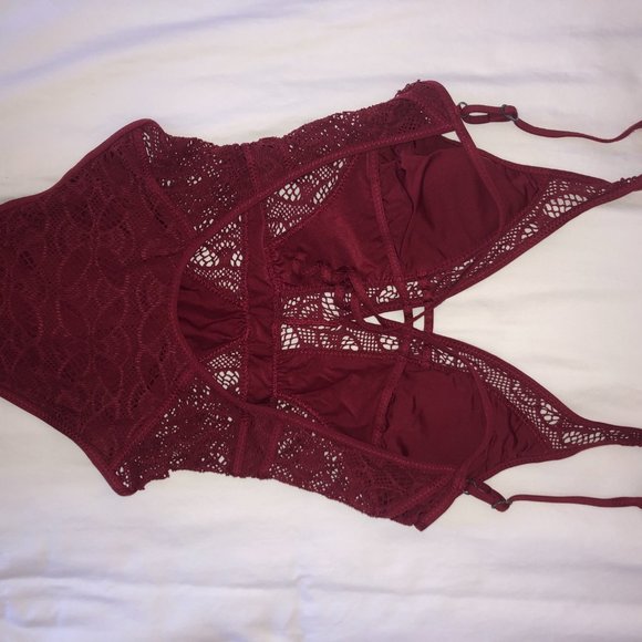 BECCA swim maroon lace one-piece- XS - Picture 2 of 5